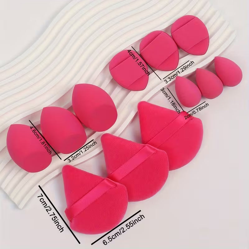 Set of hot pink beauty blender with measurements on a white background