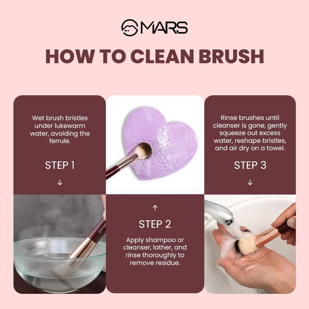 Mars brand guide on how to clean makeup brushes with step-by-step instructions and images.