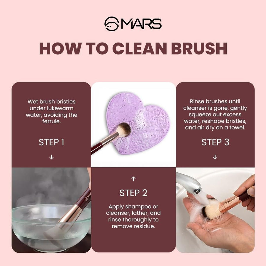 Mars brand guide on how to clean makeup brushes with step-by-step instructions and images.