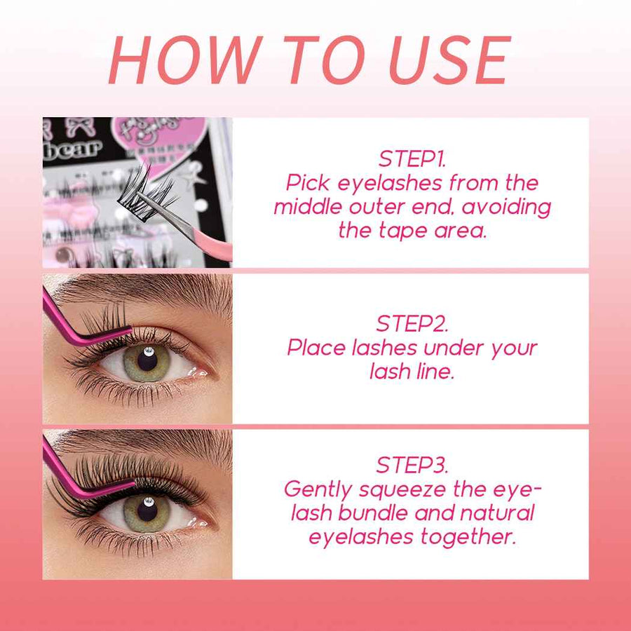 Instructions on how to use false eyelashes with a pink background