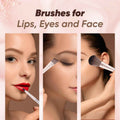 Makeup brushes being used on a woman's face with text 'Brushes for Lips, Eyes and Face' on a pink background.