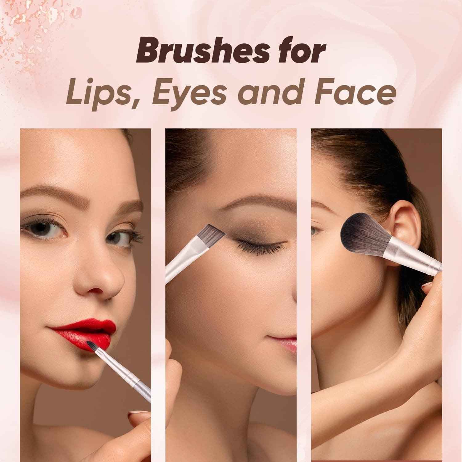 Makeup brushes being used on a woman's face with text 'Brushes for Lips, Eyes and Face' on a pink background.