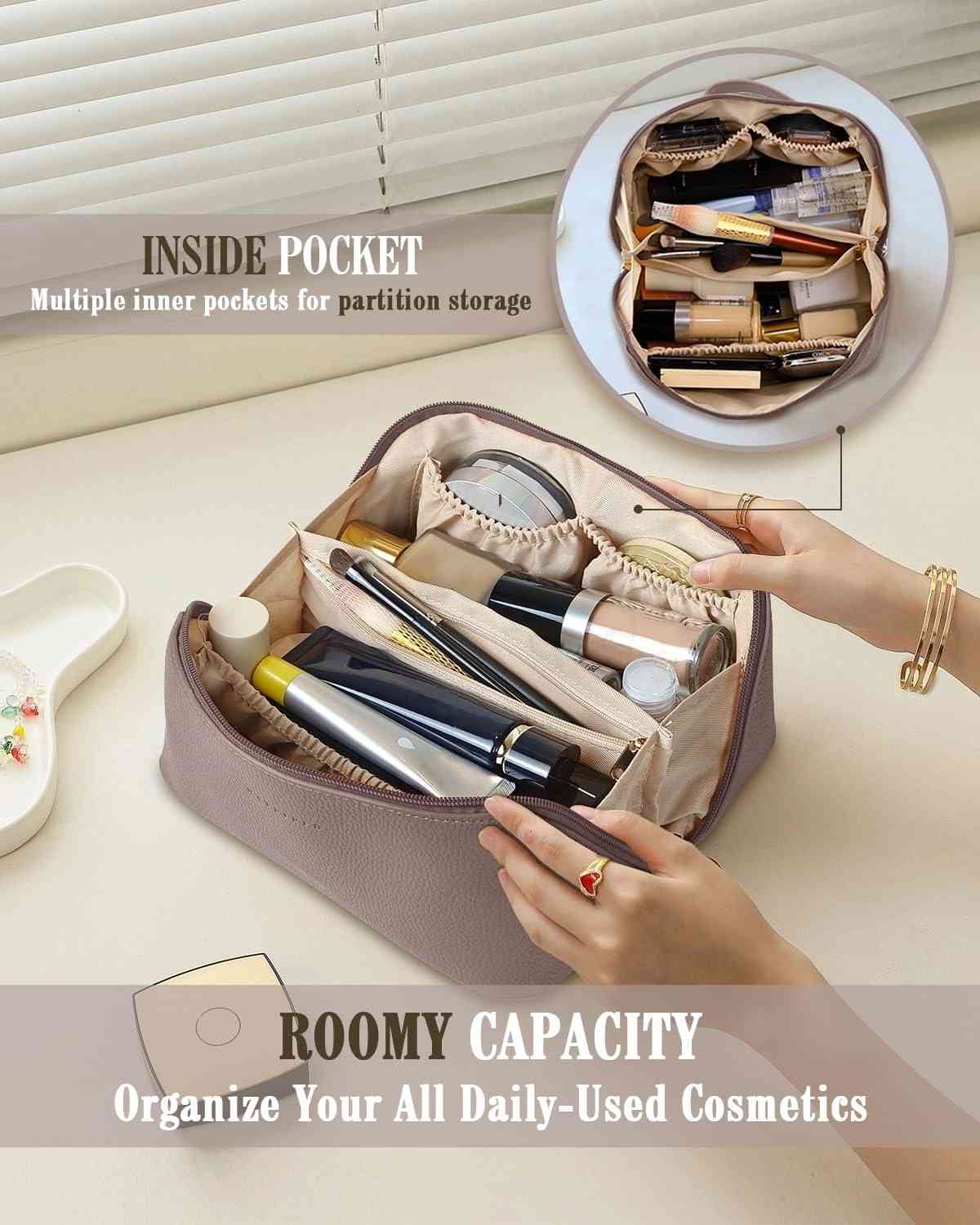 Makeup organizer with various cosmetic items and a hand reaching in to use it, on a light background.