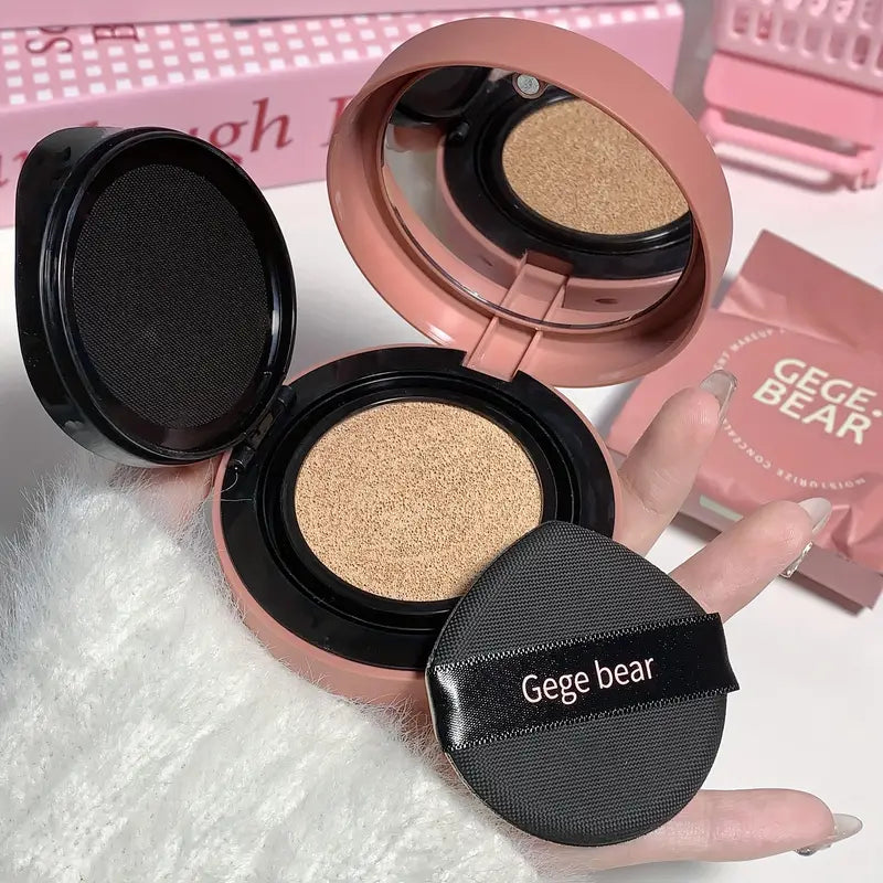 “Gege Bear Lightweight BB Cream Air Cushion compact with cute bear design, includes one refill, featuring hydrating lightweight formula, natural brightening, breathable non-cakey coverage, and soft matte finish suitable for all skin types.”