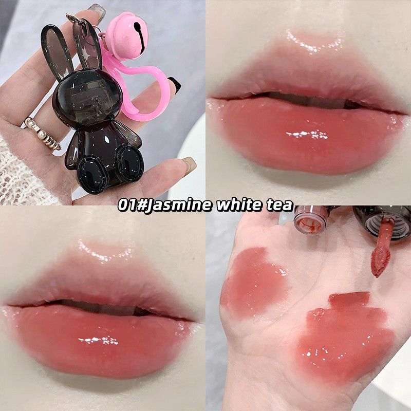 Collage of a lip product labeled '01# Jasmine white tea' with close-ups of lips and a lip balm.
