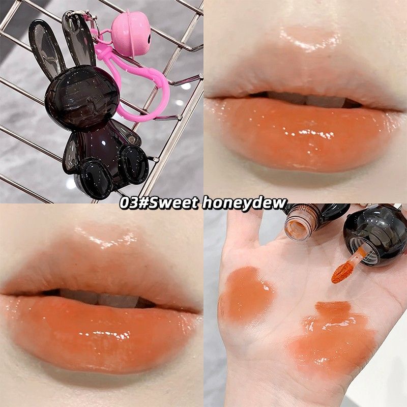 Lip gloss with a lip swatch labeled '03# Sweet honeydew' and a close-up of lips wearing the color.
