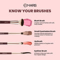 MARS makeup brushes with pink blush, eyeshadow, lipstick, and eyeliner on a pink background.