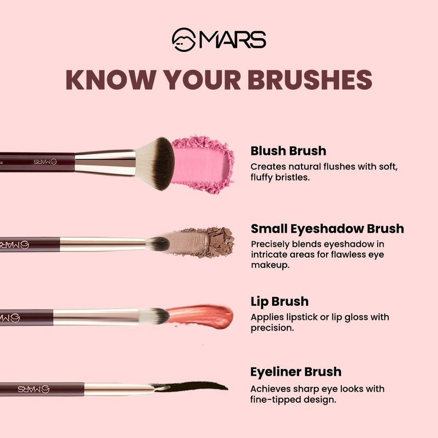 MARS makeup brushes with pink blush, eyeshadow, lipstick, and eyeliner on a pink background.