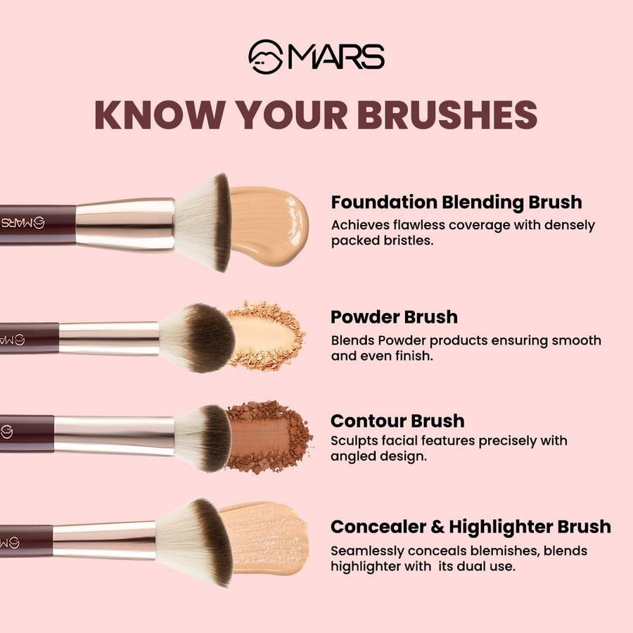 MARS makeup brushes with descriptions on a pink background