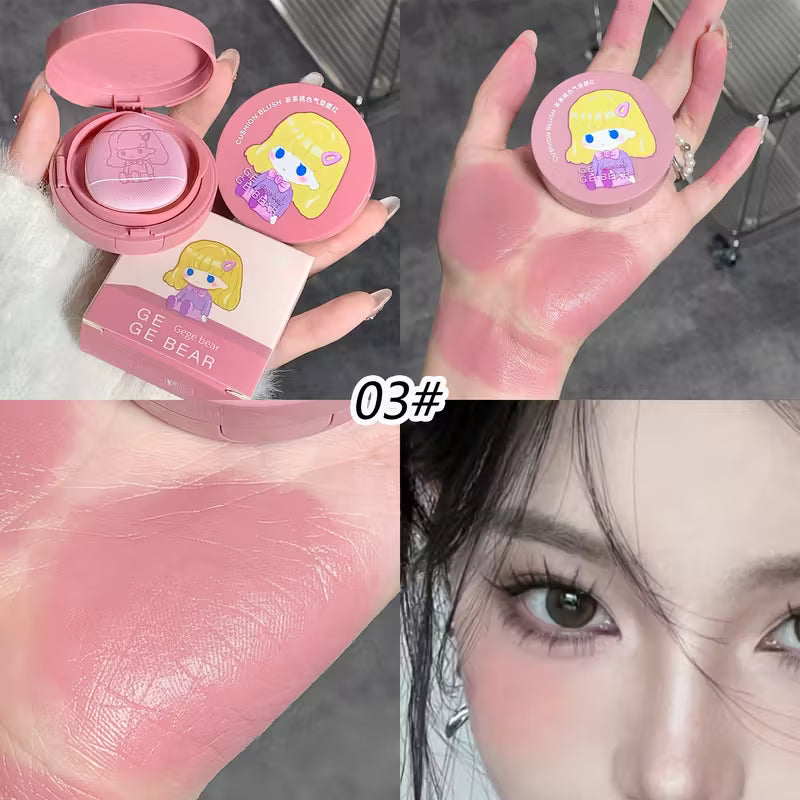 Collage of a cheek blush makeup product with a cartoon character, applied to skin, and on a person's face.