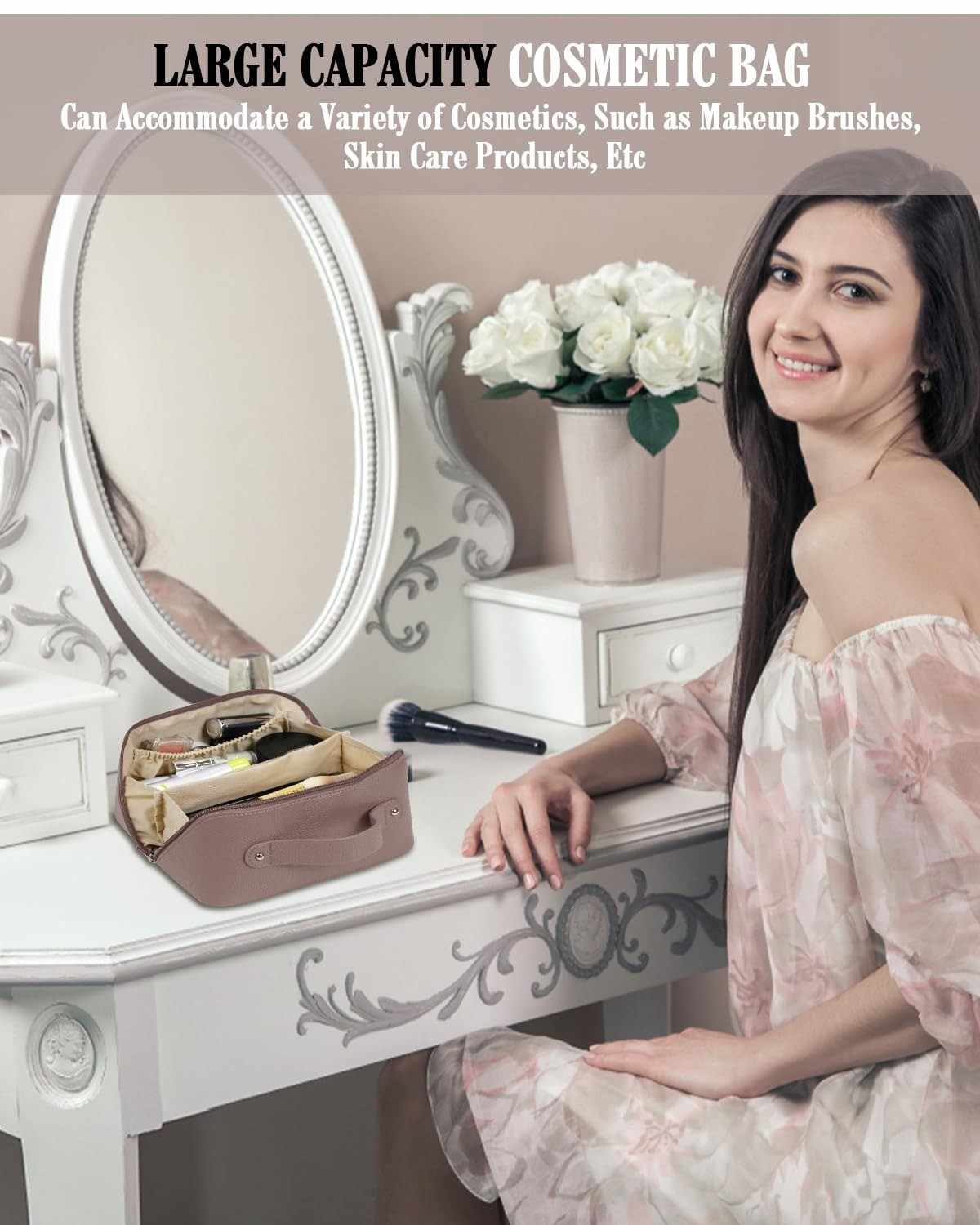 Woman sitting at a vanity table with a large capacity cosmetic bag, surrounded by beauty products.