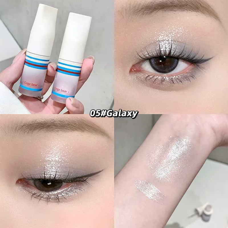 Collage of eye makeup application with glittery product, close-up of eye, arm, and product packaging.