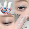Collage of eye showing light brown color of liquid shimmer eyeshadow details shown on hand and eyelid area with focus 