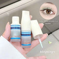 Light green liquid shimmer eyeshadow stick a hand holding the container mostly in white and blue stirpe and eye on the righ hand side showing color detailing after being applied on a eyelid 