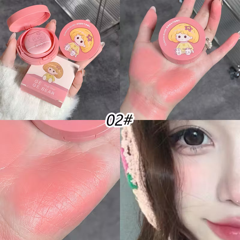 Collage of a pink makeup blush with a bear design, applied on skin and close-up of application.