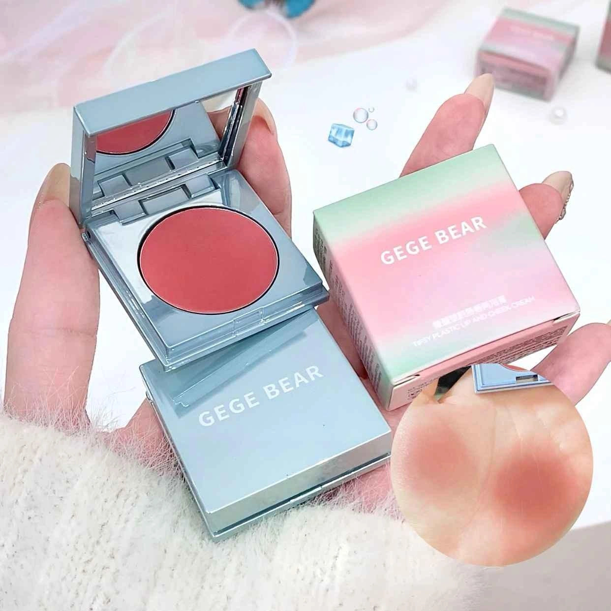 Makeup blush with compact case and 'GEGE BEAR' branding on a soft background