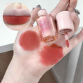 Hand with lip gloss swatches and a close-up of a lip, with a bottle labeled 'Gege Bear' on a neutral background.