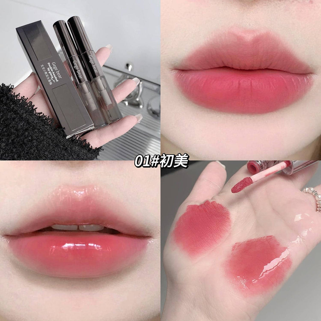 Collage of a lipstick with packaging, applied on lips, and swatched on skin.