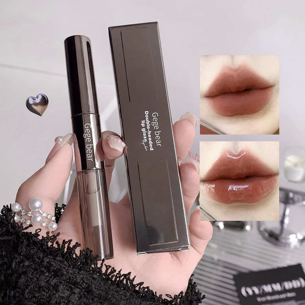 Lipstick and packaging held by a hand with close-up shots of lips wearing the lipstick.