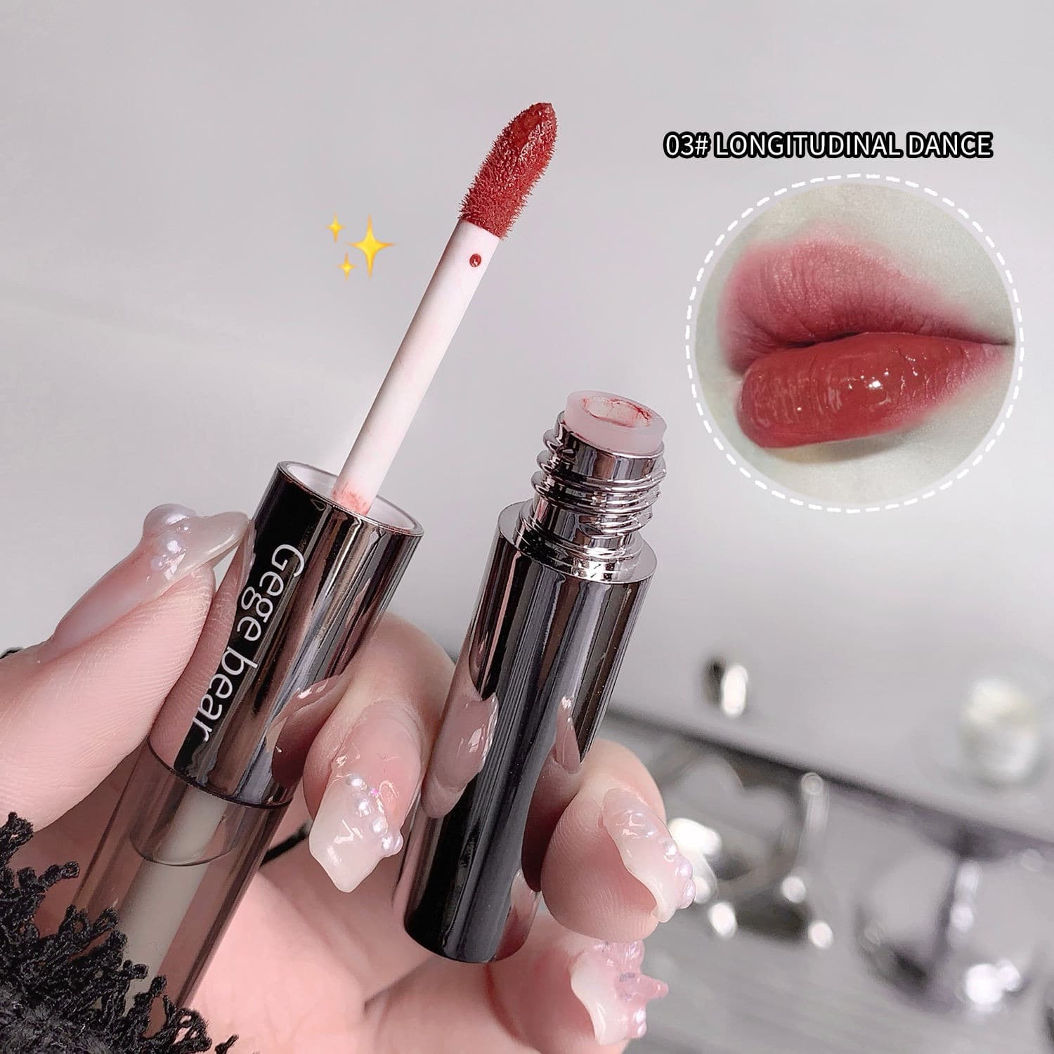 Lip gloss with applicator held by a hand, close-up of lips wearing the product, and brand name on packaging.