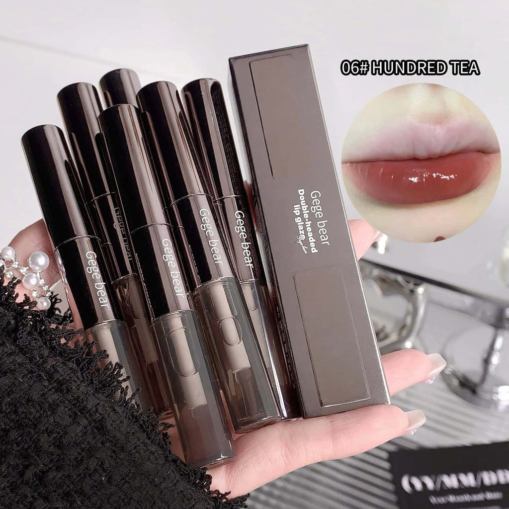 pack of gege bear branded lip gloss lipstick sets on the hand of a lady and lip showing the glossy effect 