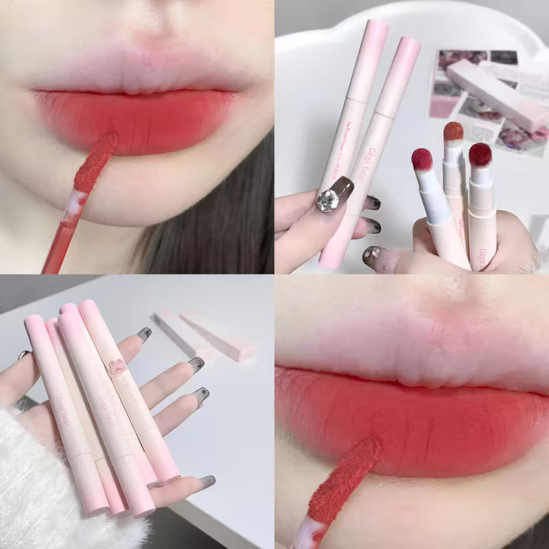Gege Bear lipstick in Nepal applied on lips showing nude red pigment and smooth finish