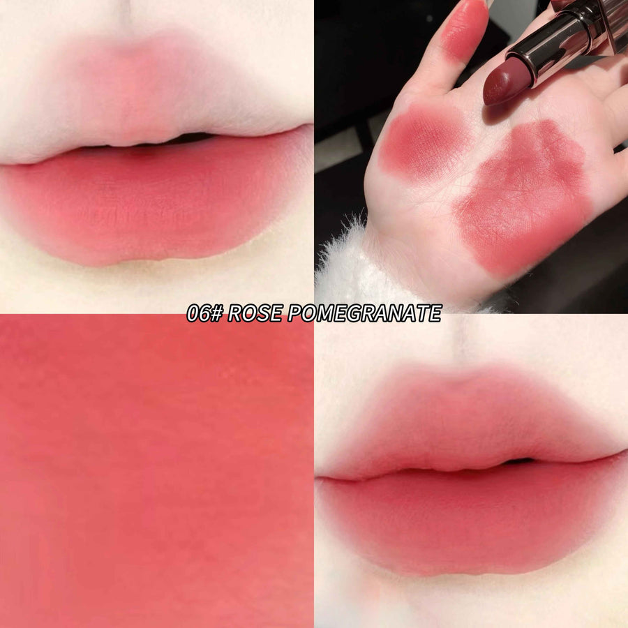 Collage of a lipstick shade swatch labeled '06# Rose Pomegranate' on lips and skin.