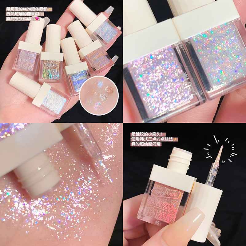 Collage of glittery eyeshadow shimmer bottles with close-up details.