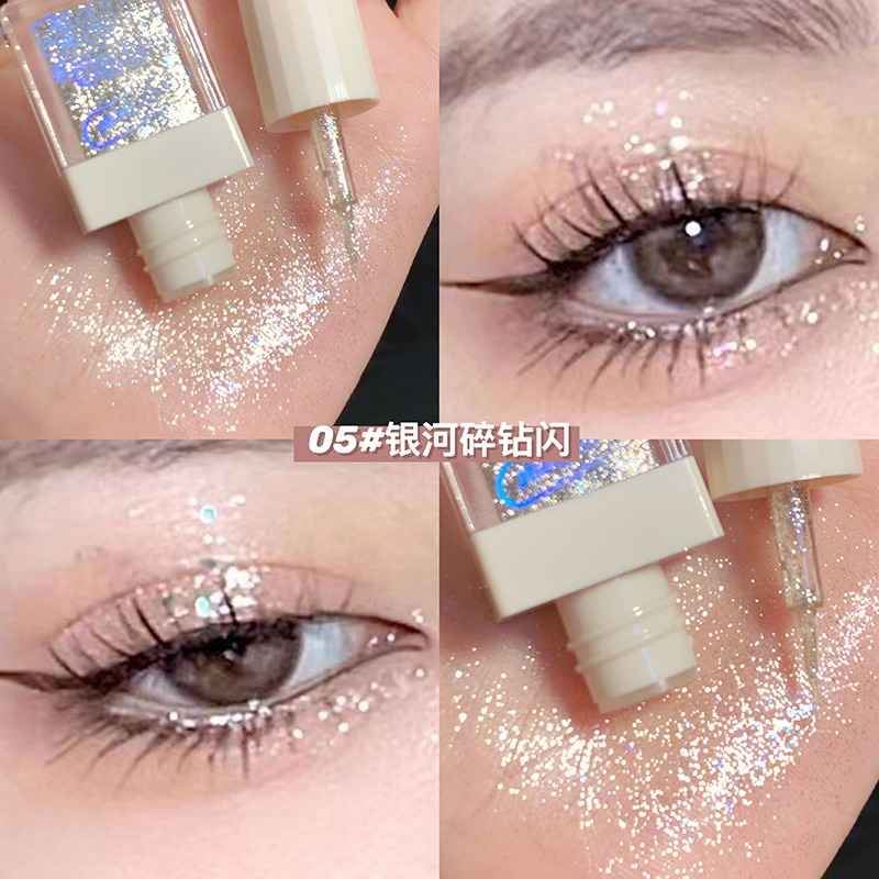Collage of glittery  Eyeshadow palette makeup product application on eyelids.