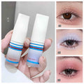 Two liquid shmmer eyeshadow sticks labeled 'Gege bear' held by a hand, with close-up shots of eyes wearing glittery makeup.