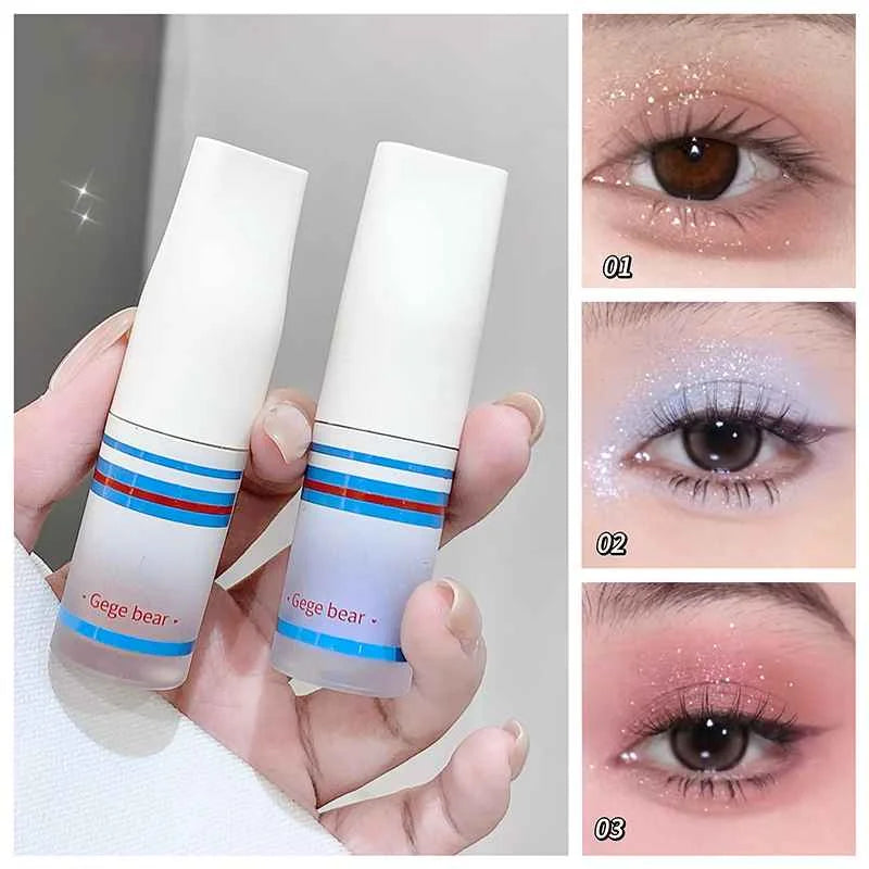 Two liquid shmmer eyeshadow sticks labeled 'Gege bear' held by a hand, with close-up shots of eyes wearing glittery makeup.