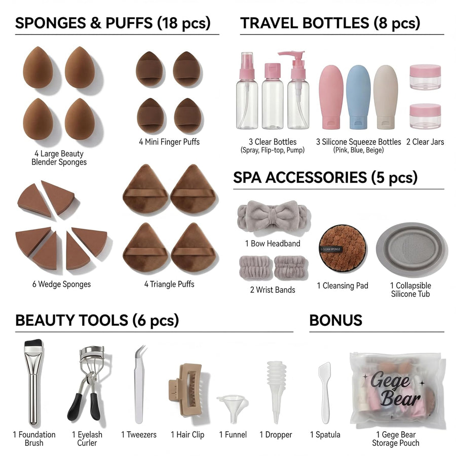 list of products included in 38 pieces beauty blender in brown color by gege bear on a white background 