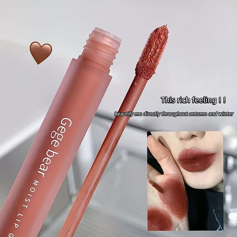 lipstick with applicator and close-up of lips wearing the color, branded 'Gege bear'.