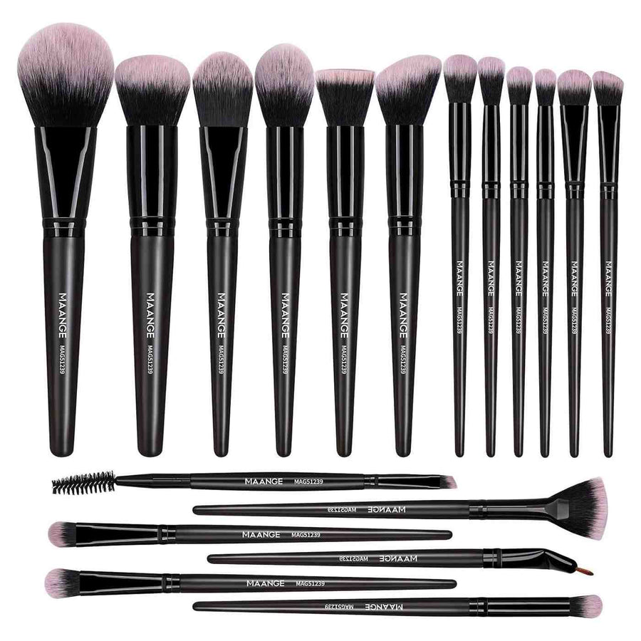 Set of makeup brushes with black handles and pink bristles on a white background
