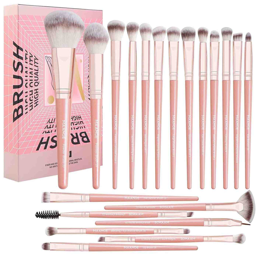 Set of makeup brushes with a pink box labeled 'BRUSH' on a white background