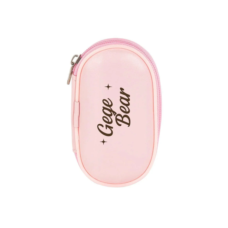 Pink oval pouch with 'Gege Bear' branding on a white background