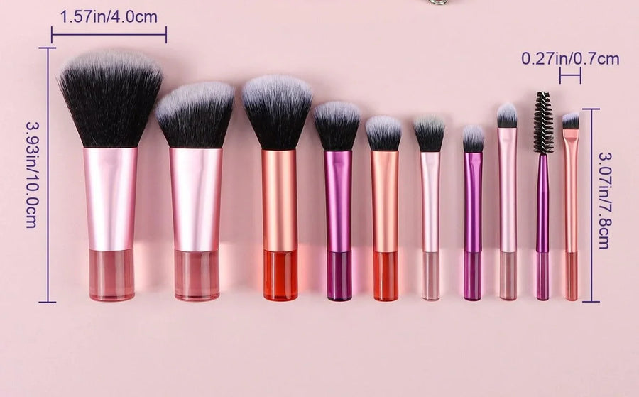 Makeup brushes with measurements on a pink background
