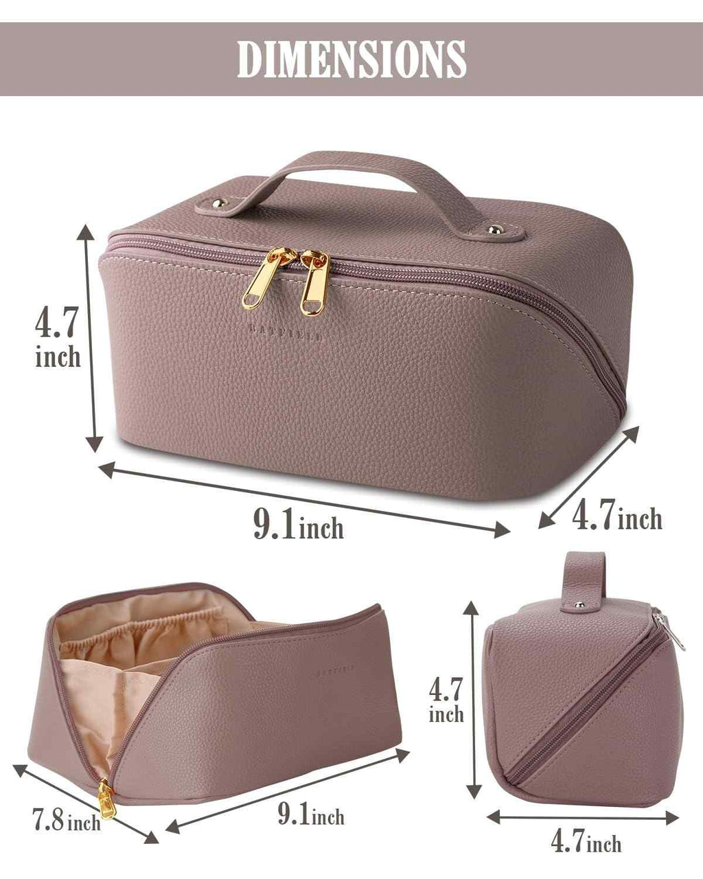 Brown travel case with dimensions indicated on a white background