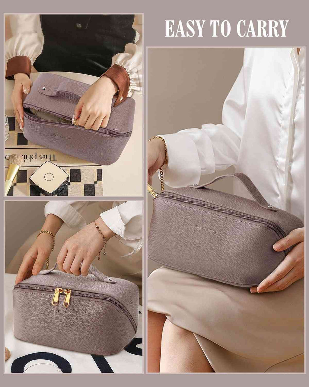 Collage of a person holding a purple cosmetic bag with text 'EASY TO CARRY'.