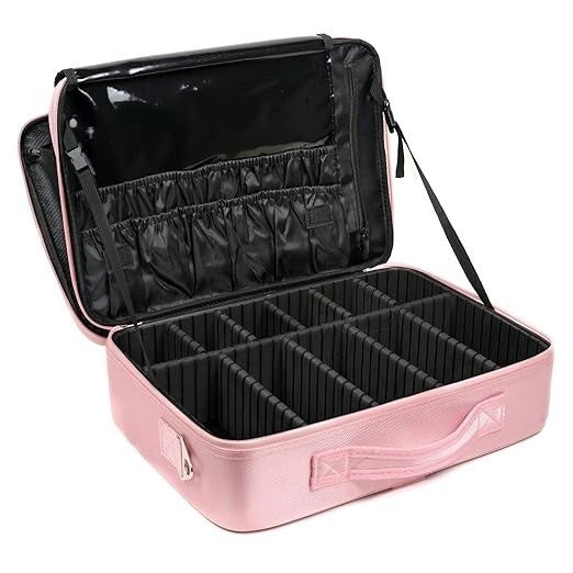 Pink makeup case with black interior compartments on a white background