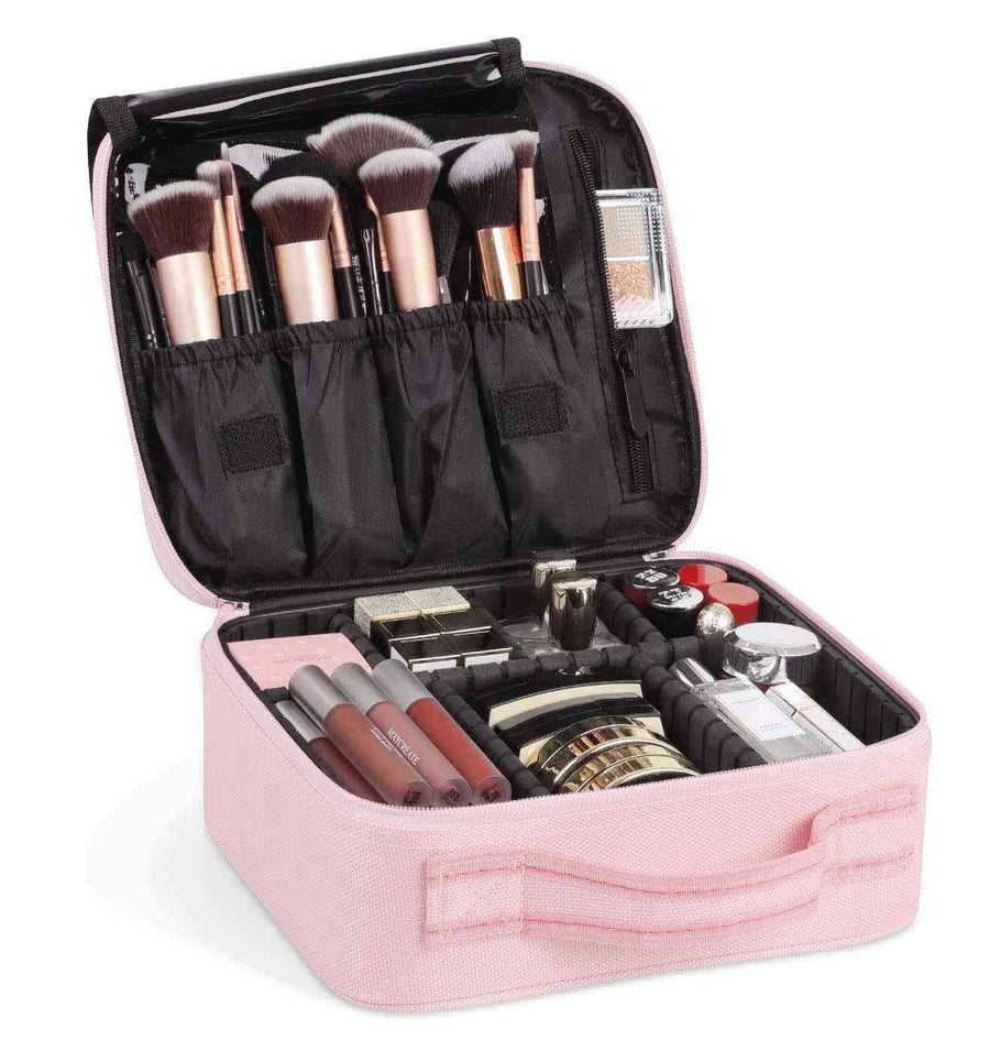 Pink makeup case with various cosmetic items on a white background
