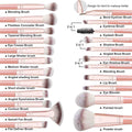 Set of makeup brushes with labels on a white background