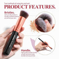 Makeup brush with bristles and handle, featuring text on product features.