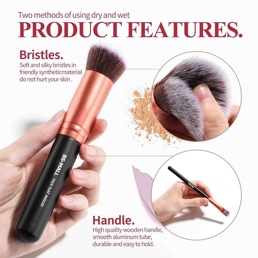 Makeup brush with bristles and handle, featuring text on product features.