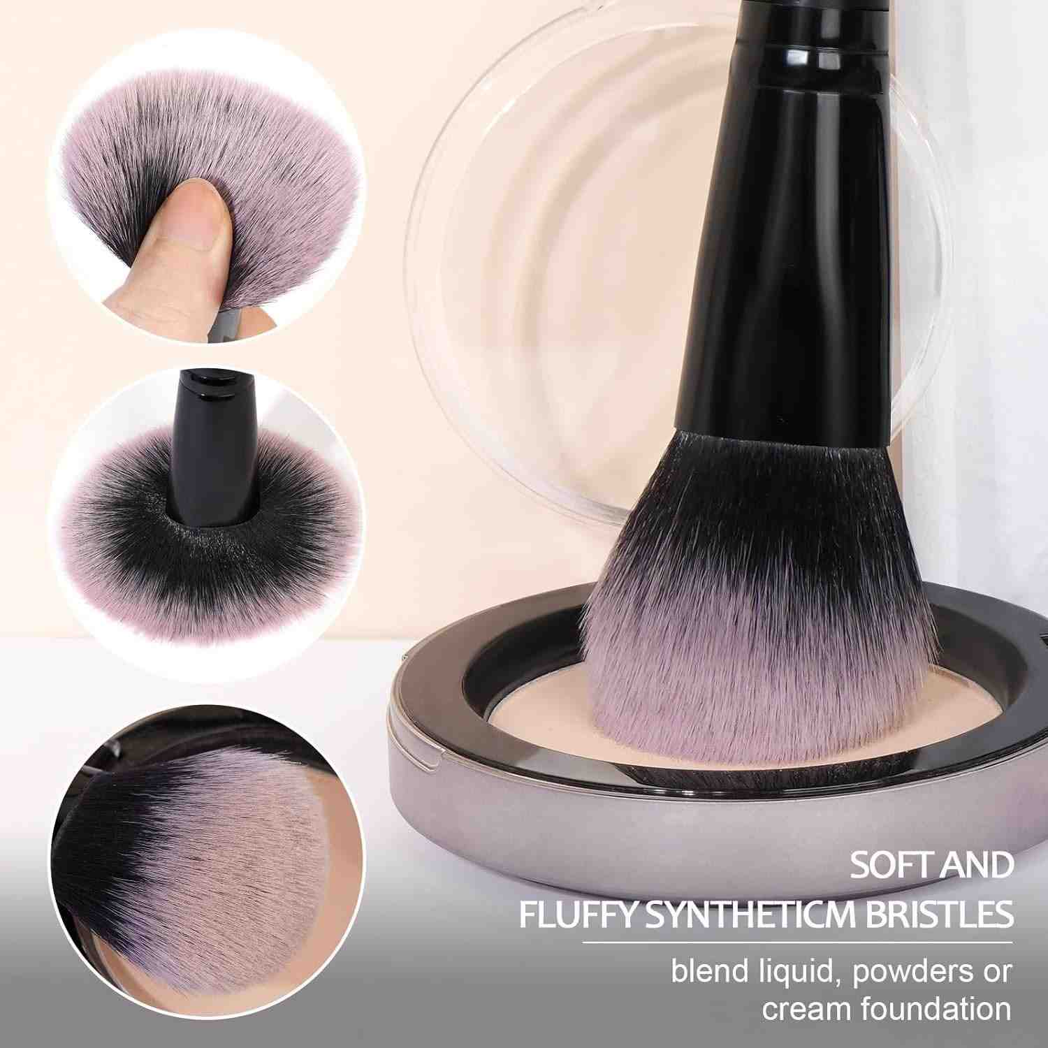 Makeup brush with soft and fluffy synthetic bristles being used to blend foundation.