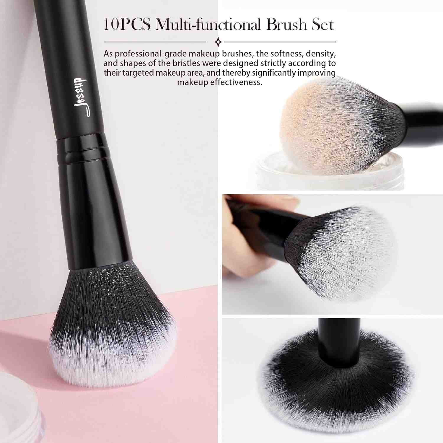 10-piece multi-functional makeup brush set with close-up shots of brushes on a white background.
