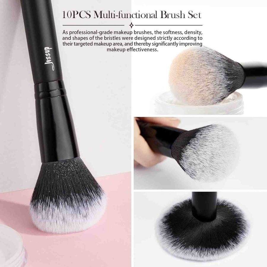 10-piece multi-functional makeup brush set with close-up shots of brushes on a white background.