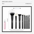 Set of makeup brushes with measurements on a white background