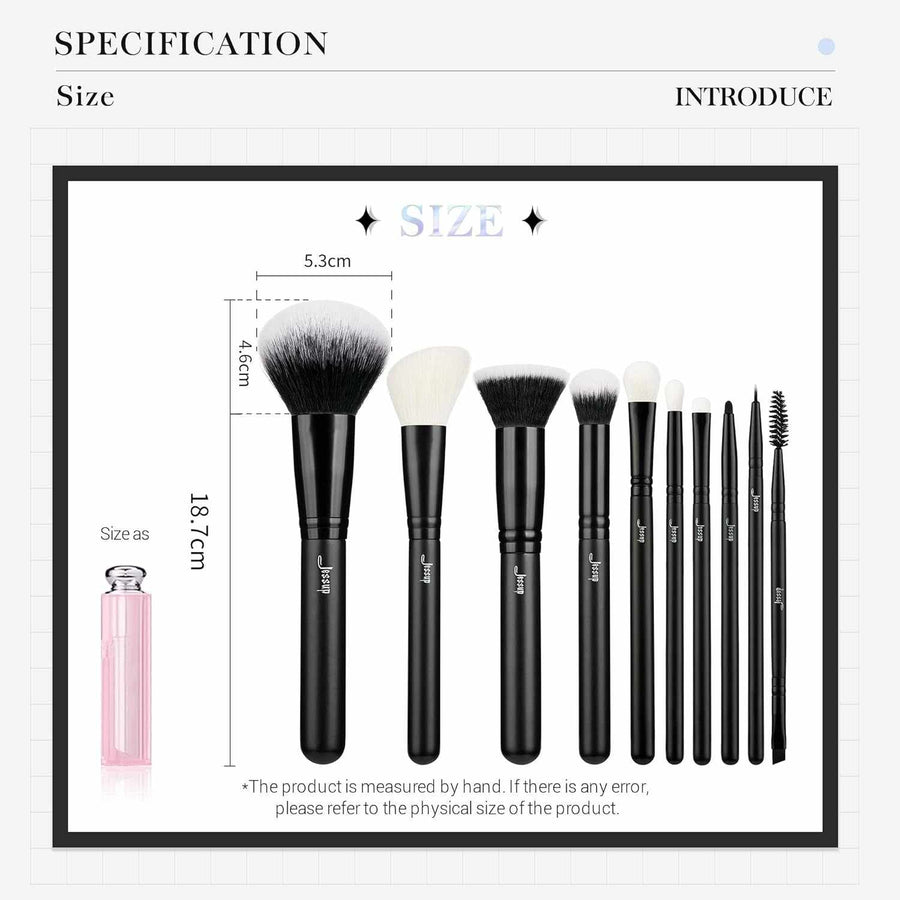 Set of makeup brushes with measurements on a white background