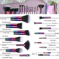 Set of makeup brushes with colorful handles and labels on a white background